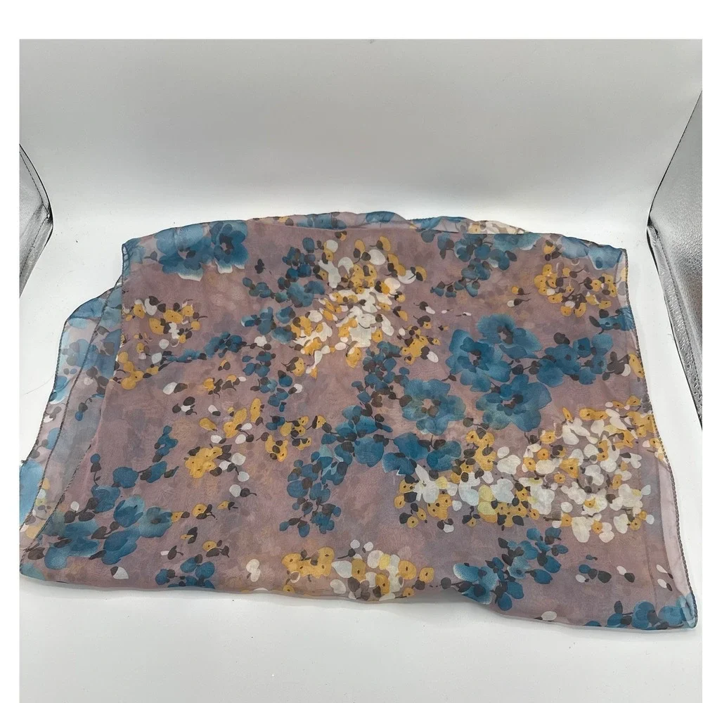 Womens Floral Sheer Lightweight Scarf Mauve Blue Yellow Rectangular Wrap